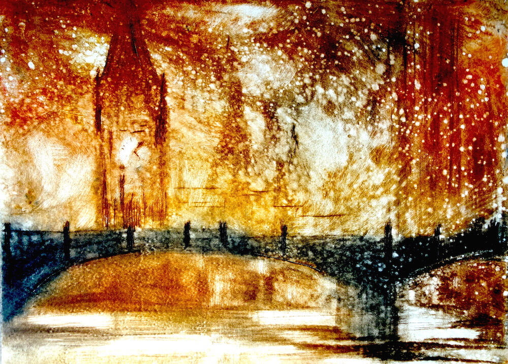 Rush Hour - Westminster * Drypoint engraving on aluminium