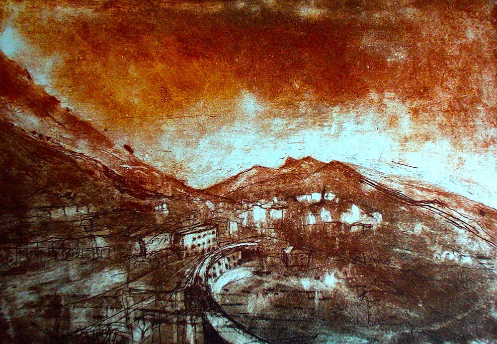 Sunset - Spanish Hillside * Mixed media etching